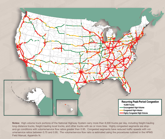 Figure 3-16. U.S. map showing recurring peak-period congestion on high-volume truck portions of the National Highway System forecast for year 2040. Notes: High-volume truck portions of the National Highway System carry more than 8,500 trucks per day, including freight-hauling long-distance trucks, freight-hauling local trucks, and other trucks with six or more tires. Highly congested segments are stop-and-go conditions with volume/service flow ratios greater than 0.95. Congested segments have reduced traffic speeds with volume/service ratios between 0.75 and 0.95. The volume/service flow ratio is estimated using the procedures outlined in the HPMS Field Manual, Appendix N.