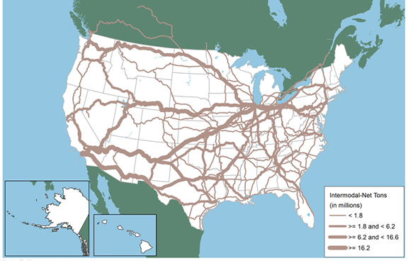 Figure 3-3. U.S. map showing amounts of intermodal tonnage transported in millions of net tons for year 2009.