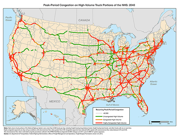 Figure 3-19. U.S. map with projections for 2040 showing congestion on high volume truck routes throughout most of the country, with the exception of the central states.