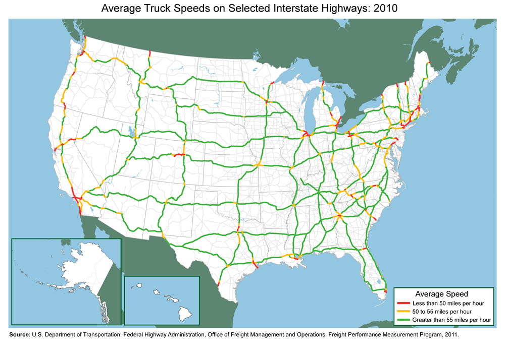 U.S. map showing slow speeds in California, I-80 in western Nevada, I-95 from Washington to Boston, and in major cities.