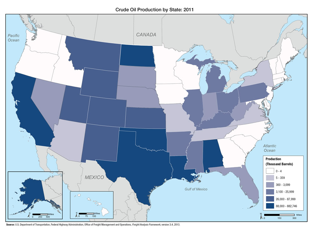 U.S. map showing that Texas, North Dakota, Alaska, and California are responsible for the bulk of domestic crude oil production.