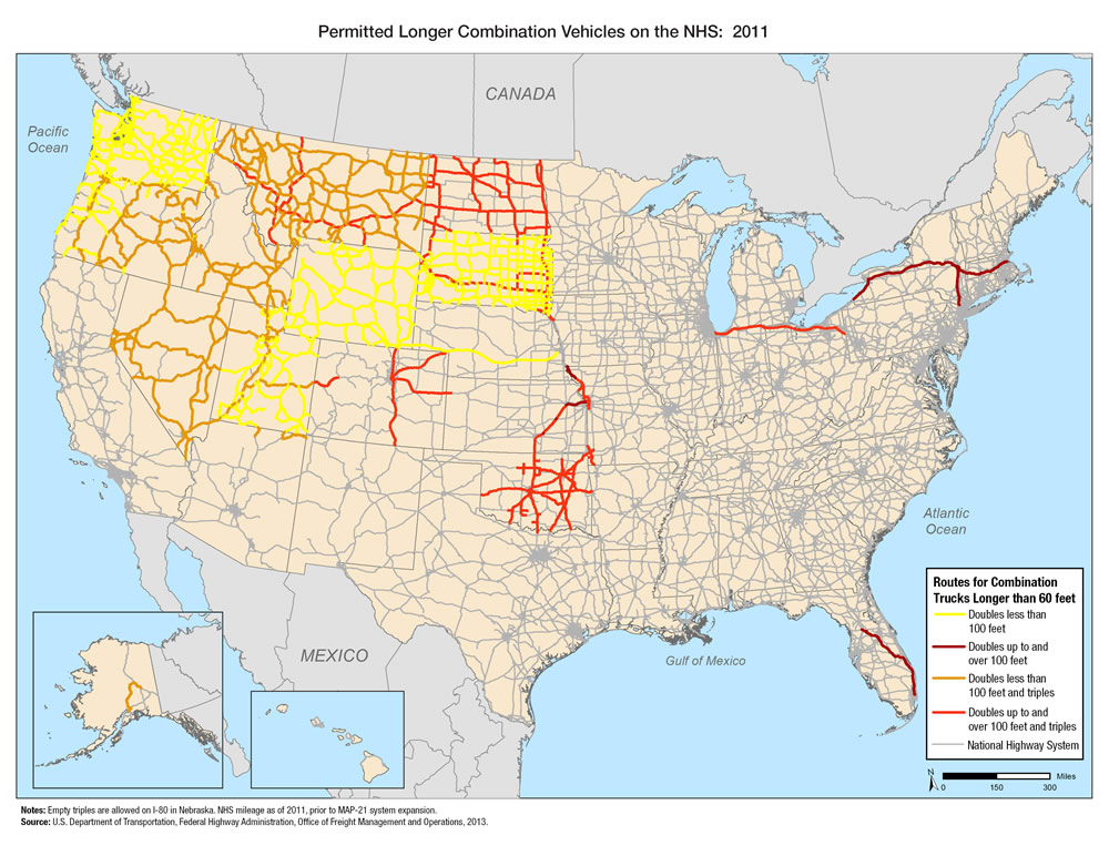U.S. map showing that longer combination vehicles are allowed from Chicago to the Pennsylvania-Ohio border on I-80, the New York State Thruway and the Massachusetts Turnpike, the Florida Turnpike, the Kansas Turnpike, Interstate highways in eastern Colorado, and many routes in Oklahoma, Utah, Nevada, the Dakotas, Montana, Wyoming, Idaho, Oregon, and Washington.