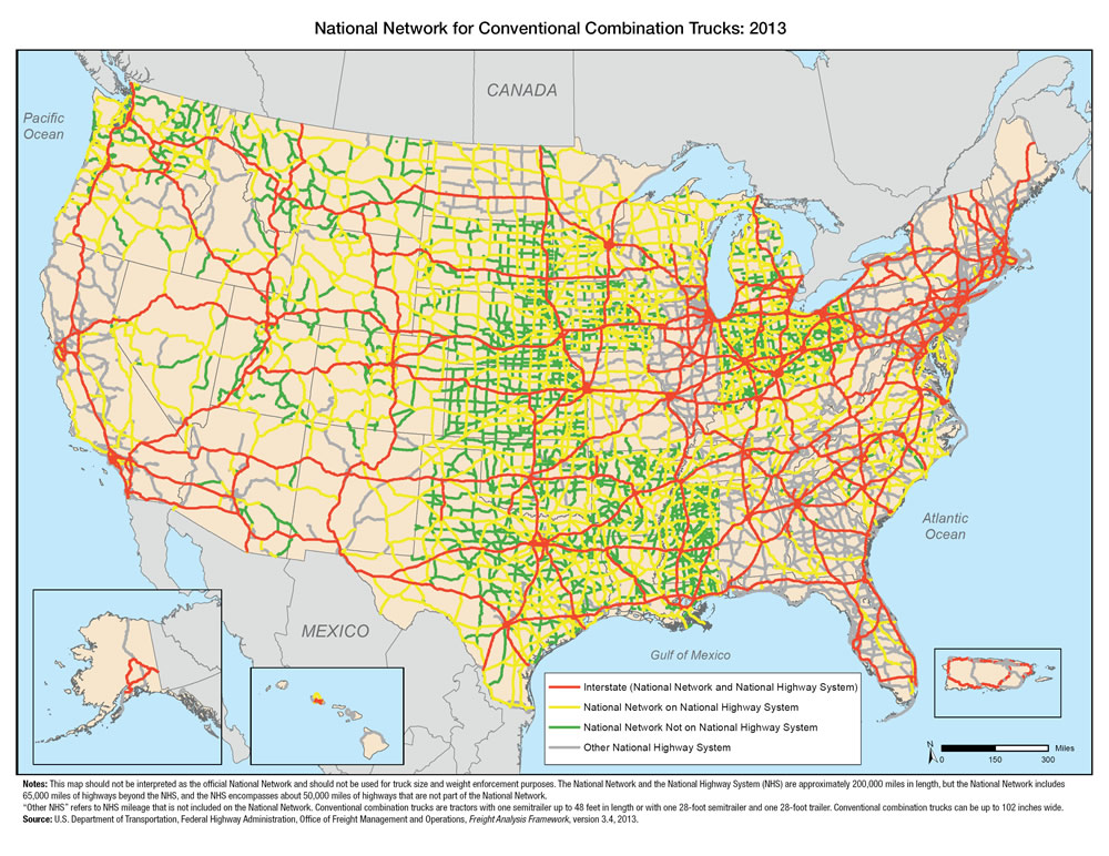 Based on Title 23 CFR Part 658 Appendix A, this map illustrates the National Network for Conventional Combination Trucks and highlights differences between the National Network and the National Highway System. This map shall not be interpreted as the official National Network nor shall it be used for truck size and weight enforcement purposes.