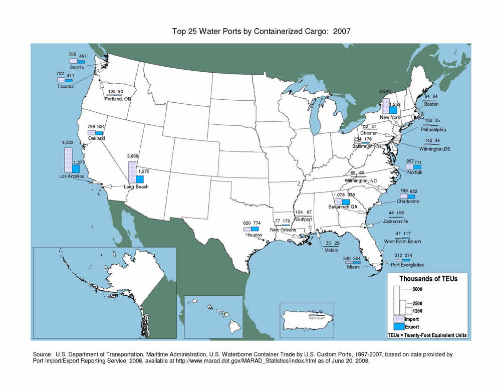 U.S. map showing that containerized cargo is concentrated primarily in the Ports of Los Angeles and Long Beach.
