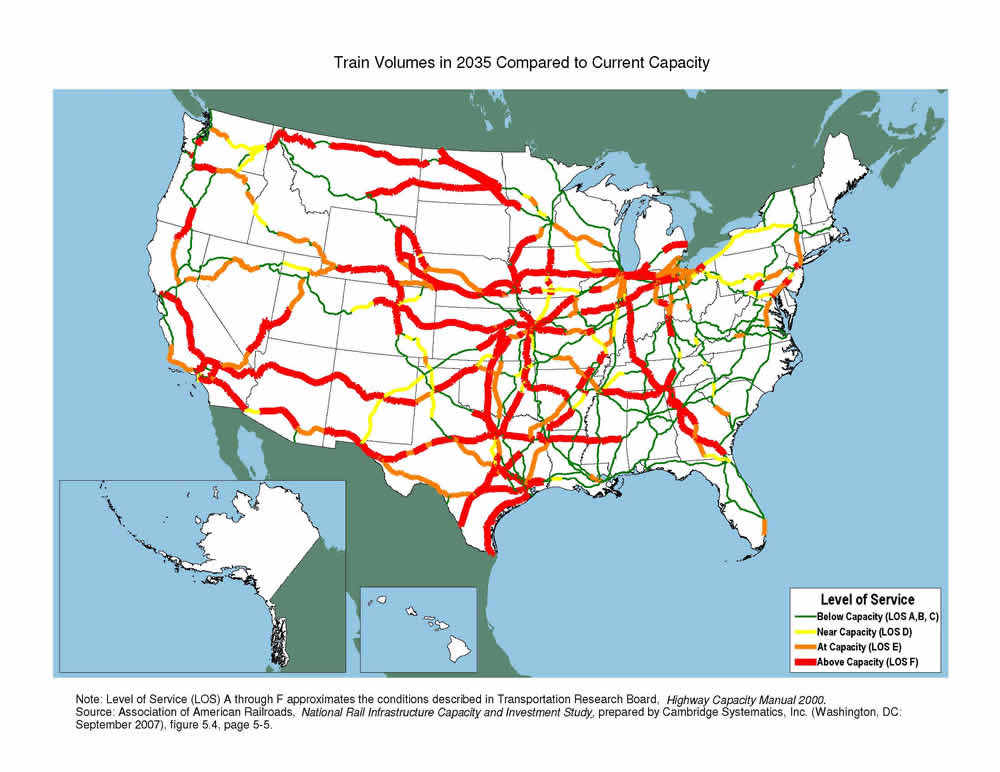 U.S. map showing congestion throughout California, northern Oregon, the Puget Sound area, Montana, the Great Plains, the Midwest, northern Mississippi and northern Alabama, central Tennessee and central Georgia, and the Miami area, the route from Richmond to New York City and on to Albany, and southeastern Pennsylvania.