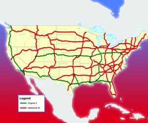 A map of the 48 contiguous states shows the original corridors in green and future study corridors in red.