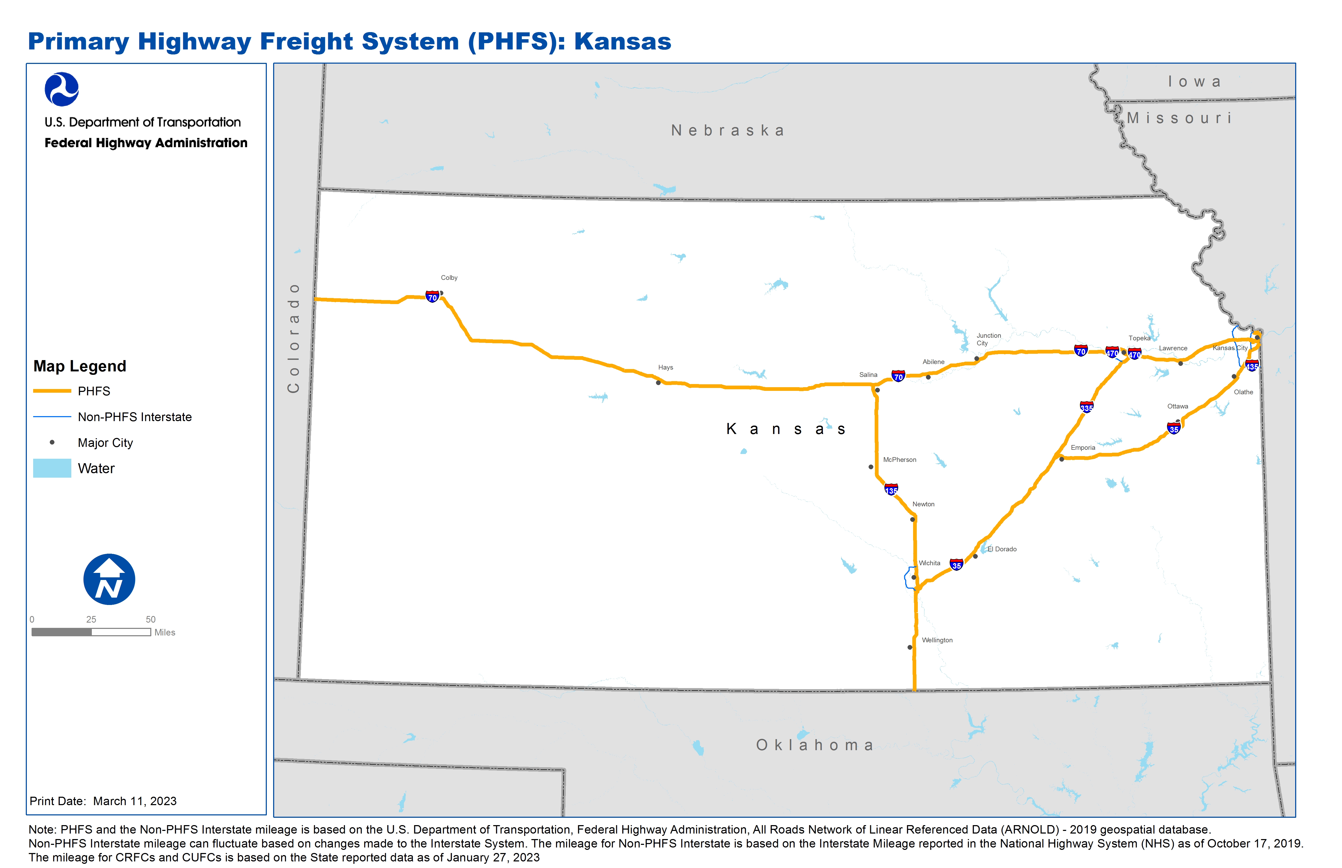 TThis map shows the Primary Highway Freight System (PHFS) routes as well as all the Interstate Highways within the state that are not part of the PHFS, as designated on 12/22/2022.