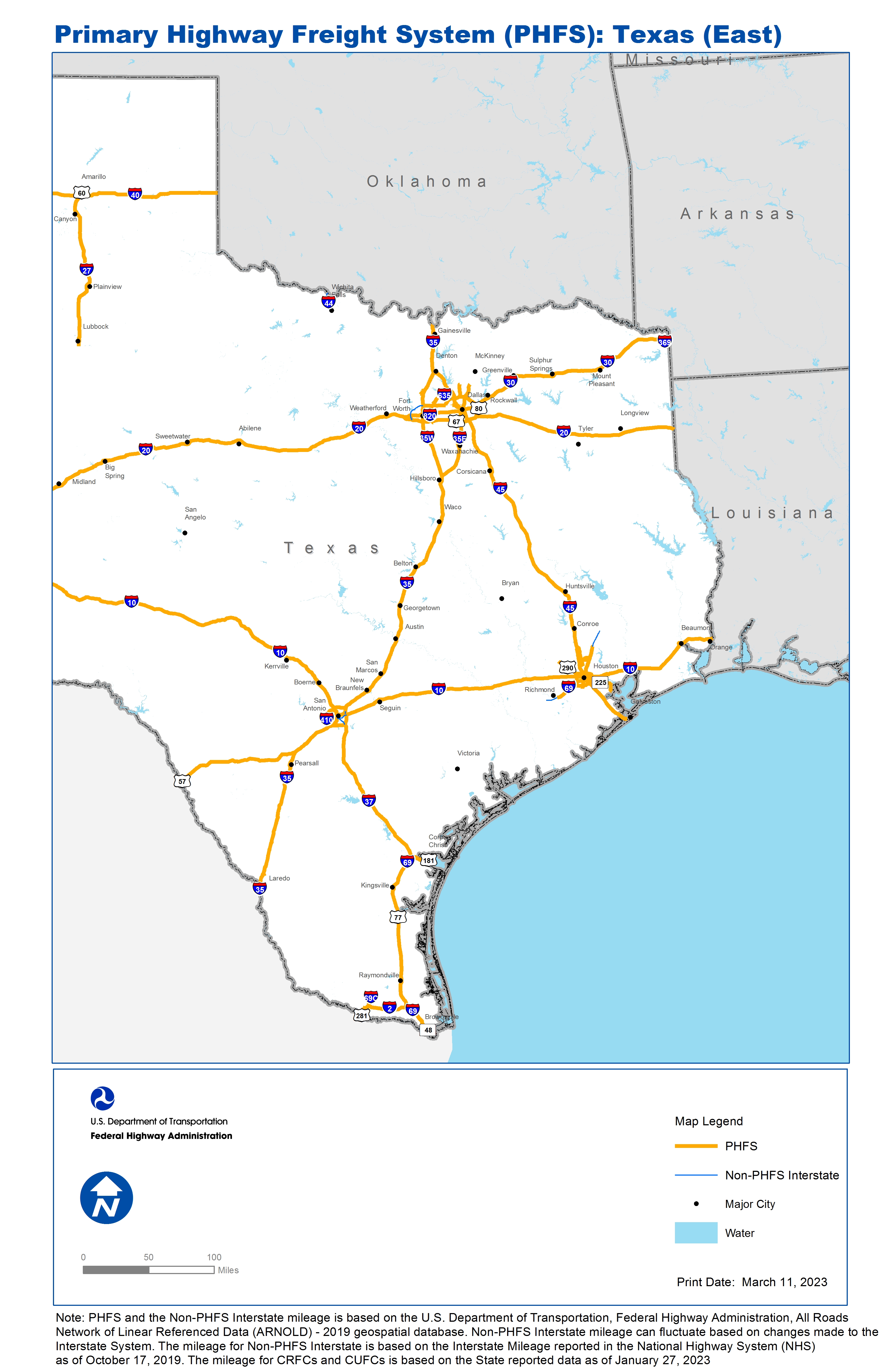 This map shows the Primary Highway Freight System (PHFS) routes of East Texas