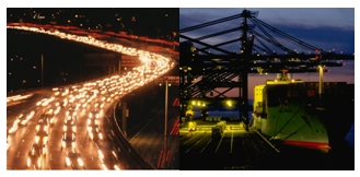 Photos of traffic on an interstate at night and a port facility.
