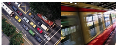 Photos of a commuter train in motion and an aerial photo of traffic at an urban intersection.
