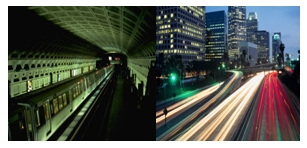 Photos of an underground metrorail station and a highway at night.