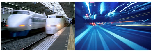 Photos of commuter trains and vehicles traveling through a tunnel.