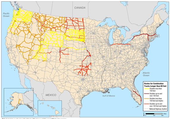 Map depicts the National Highway System network in the United States. Segments of the system are color coded to indicate where specific longer comination vehicles are allowed. This includes Washington, eastern portions of Oregon, Arizona, Montana, and south Dakota, which allow doubles less than 100 feet. Western Oregon, Nevada, Idaho, Montana, parts of Arizona, and parts of Alaska allow doubles less than 100 feet and triples. North Dakota and segments South Dakota, Colorado, Oklohoma, Nebraska, Ohio, and Indiana permit doubles up to and over 100 feet and triples. Finally, limited segments in New York, Connecticut, and Nebraska permit doubles up to and over 100 feet. A note advises that empty triples are allowed on I-80 in Nebraska. Map depicts NHS mileage as of 2011, prior to MAP-21 expansion.