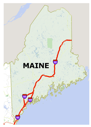 Map of the State of Maine with the Interstates highlighted and identified.