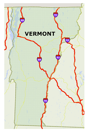 Map of Vermont with the Interstates highlighted and labeled.