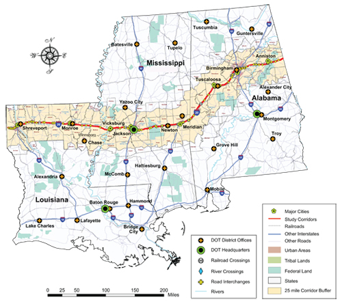 figure 7 - illustration - the map in this figure shows the I-20 corridor, showing locations of DOT Headquarters and district offices, railroad crossings, river crossings and road interchanges, with major cities and county boundaries.