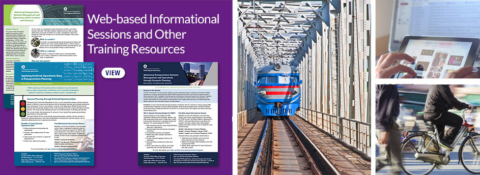Web-based informational sessions and other training resources, train on tracks inside structure, hands touching tablet screen, bicyclist and pedestrian.