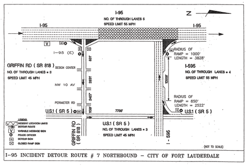 A black and white map depicts the drawing of an alternate route plan showing interchange and intersection details. The map gives attention to engineering details such as turning radii, ramp lengths, number of lanes, and speed limits. The map also notes specific intersections where police officers are stationed.