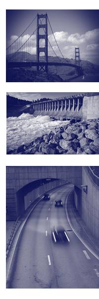 Top photo - The Golden Gate Bridge. Middle photo - Water falling through a dam. Bottom photo - A tunnel for automobile traffic.
