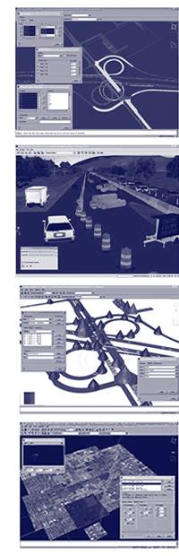 First photo - Computer depiction of interstate activity in on-ramp and off-ramp area. Second photo - Digital simulation of automobile response to navigation aids such as cones and barriers. Third photo - Digital detail of on-ramp and off-ramp interstate area. Fourth photo - Computerized traffic monitoring display.