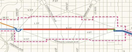 cutout section of a map of the Washington, DC, area. K Street is highlighted to show the proposed location of the busway. K Street parallels Pennsylvania Avenue on this grid section of the DC metropolitan area map.