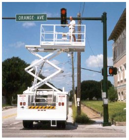 Photograph of road crew servicing a stoplight.