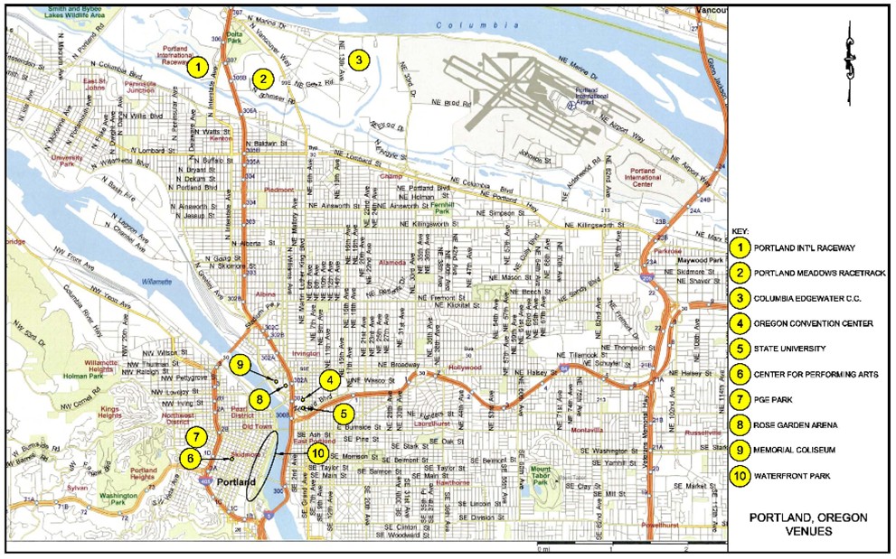 Map of the Portland area with venue locations highlighted.
