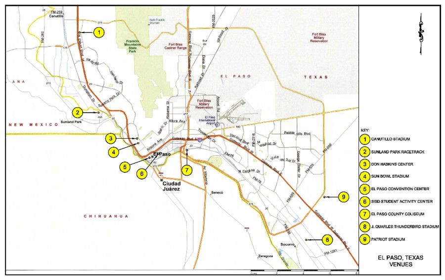 Map of El Paso with event venue locations highlighted.