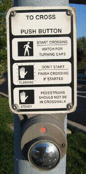 A pedestrian push button sign