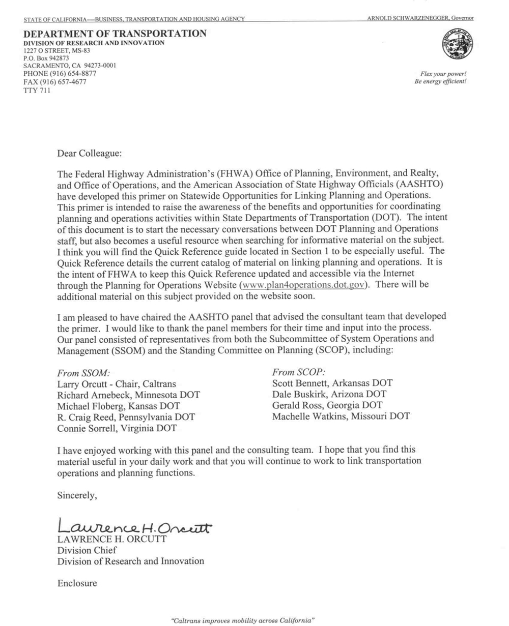 Image - Coverletter from the Chair of the AASHTO Panel