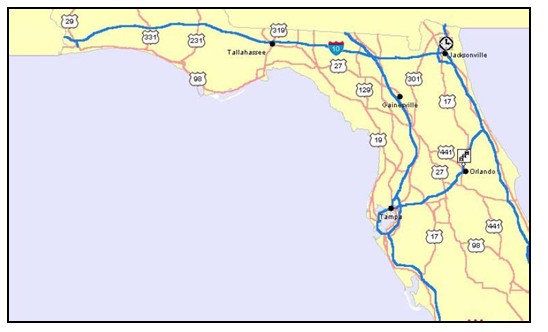 Map of the state of florida depicting interstates and major state highways. 