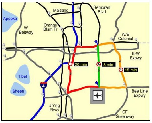 Map of a central florida area with travel times posted for selected segments. Color coded roadways indicate whether the roads are clear, slow, or congested.