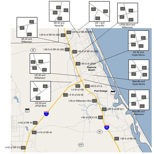 Map highlighting the locations on DMSs on I-95 from SR 509 to SR 40.