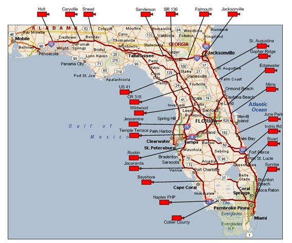 Map showing the locations of iFlorida statewide traffic monitoring stations.