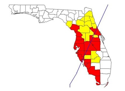 Map of Florida and its counties showing the track of Hurricane Charley as it ran diagonally from south west to north east across the peninsula.