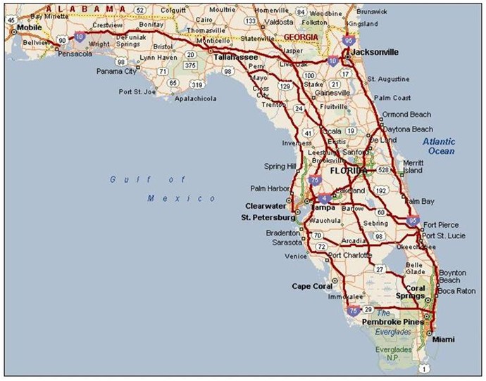 A map of the State of Florida showing roads included in iFlorida statewide monitoring and traffic information activities. These roads were the Florida Turnpike, I-4, I-10, I-75, I-95, SR 60, SR 70, SR 528, US 19, and US 27.