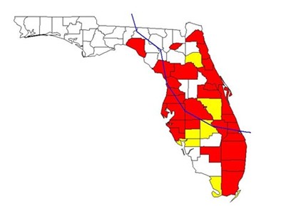 Map of Florida and its counties with a line depicting the path of hurricane Jeanne. The line runs from the southeast coast up through central Florida and into southern Georgia.