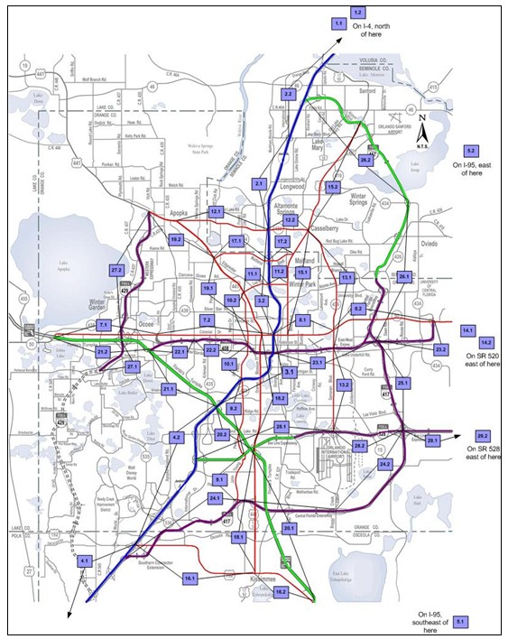 Map of the central Florida road network with 511 road segments highlighted.