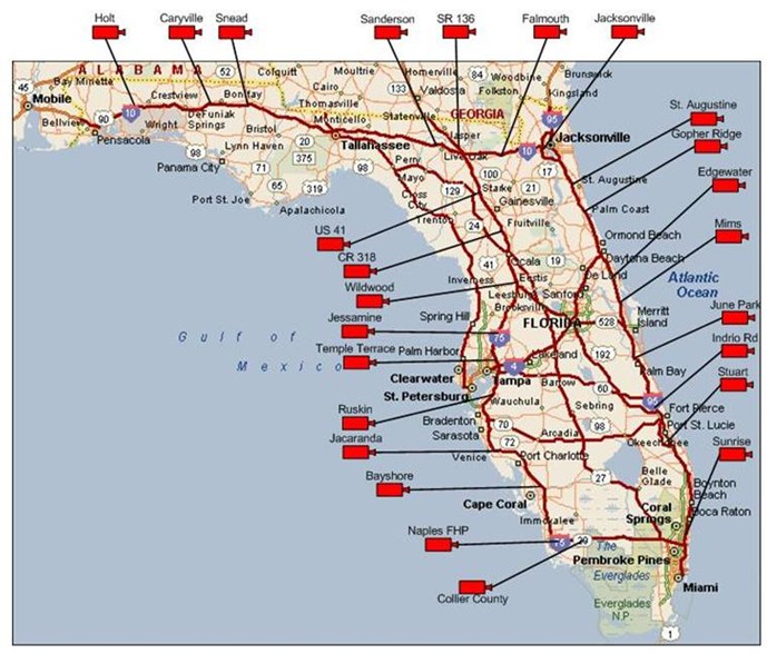 A map of the State of Florida showing the locations of 25 statewide monitoring stations.