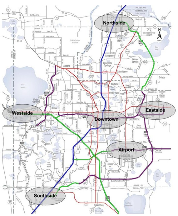 Map of Central Florida with locations used for 511 travel time summaries highlighted. Roadways on the north side, south side, east side, west side, downtown, and airport area are noted.