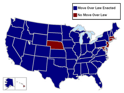 Figure 1. States with Move Over Laws Currently Enacted. Map. States with no Move Over laws: Hawaii, Nebraska, Massachusetts, Connecticut, Rhode Island, New Jersey, and Maryland. All other states have Move Over laws.