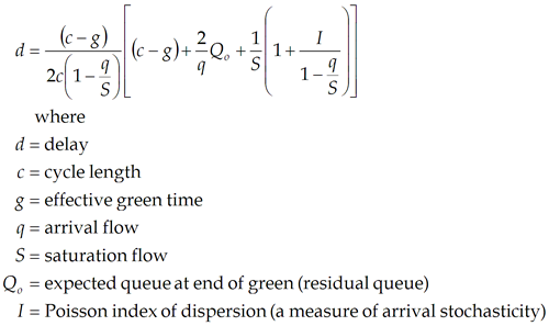 Equation: d = (c-g)/2c(1-q/s)[(c-g)+2Qsub0/q+(1+I/1-q/S)/S], where d is delay, c is cycle length, g is effective green time, q is arrival flow, S is saturation flow, Qsub0 is residual queue, and I is the Poisson index of dispersion.