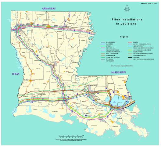figure a-1 - graphic - graphic of Louisiana with fiber optic cable installations in Year 2001.