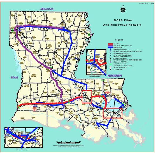 figure a-2 - graphic - graphic of Louisiana with DOTD Fiber and Microwave Tower locations in the year 2001.
