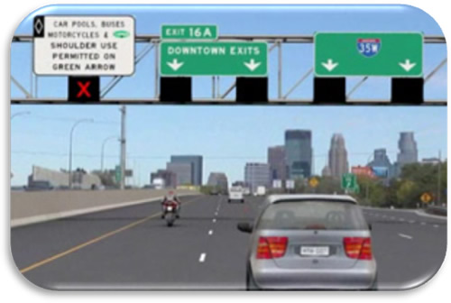 Figure 14. Graphic. Closed Priced Dynamic Shoulder Lane-Minneapolis, Minnesota. Illustration of the left priced dynamic shoulder lane closed to traffic on an urban freeway in Minnesota.