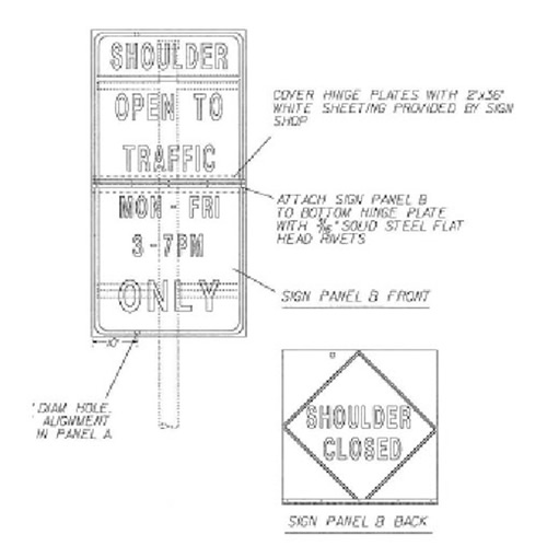 Figure 23. Drawing. Shoulder Use Regulatory Sign-Seattle (Drawing Courtesy of WSDOT). Drawing of a regulatory sign indicating shoulder use. Text on Panel A reads "SHOULDER OPEN TO TRAFFIC MON-FRI 3-7 PM ONLY". Text on Sign Panel B Back reads "SHOULDER CLOSED".