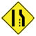 Graphic. A yellow diamond-shaped road sign showing two lanes dropping to one lane represents “lane drops.”