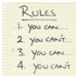 Graphic. A page that reads “Rules. 1. You can…, 2. You can’t…, 3. You can…, 4. You can’t…” represents “hesitancy to implement a solution that does not follow standards.”
