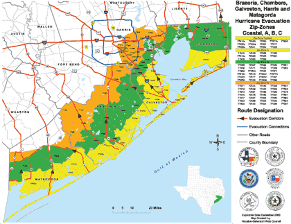 A graphic showing color-coded hurricane evacuation zones for areas located along the Gulf Coast in the Houston, Texas area.