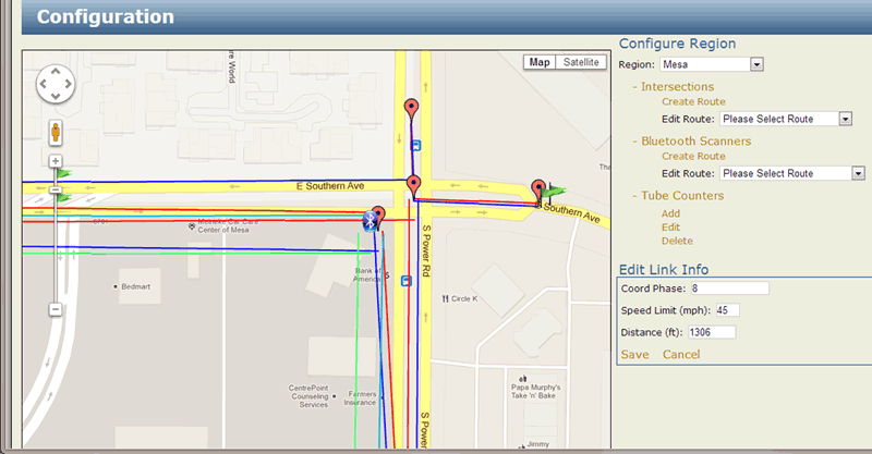 Figure 29. A screen shot of the link configuration interface with a map of East Southern Avenue and South Power Road; and the configure region interface with a drop down menus for the region, the intersections route, and the bluetooth scanners route; and an interface to edit the link information with the coordinate phase, the speed limit, and the distance.
